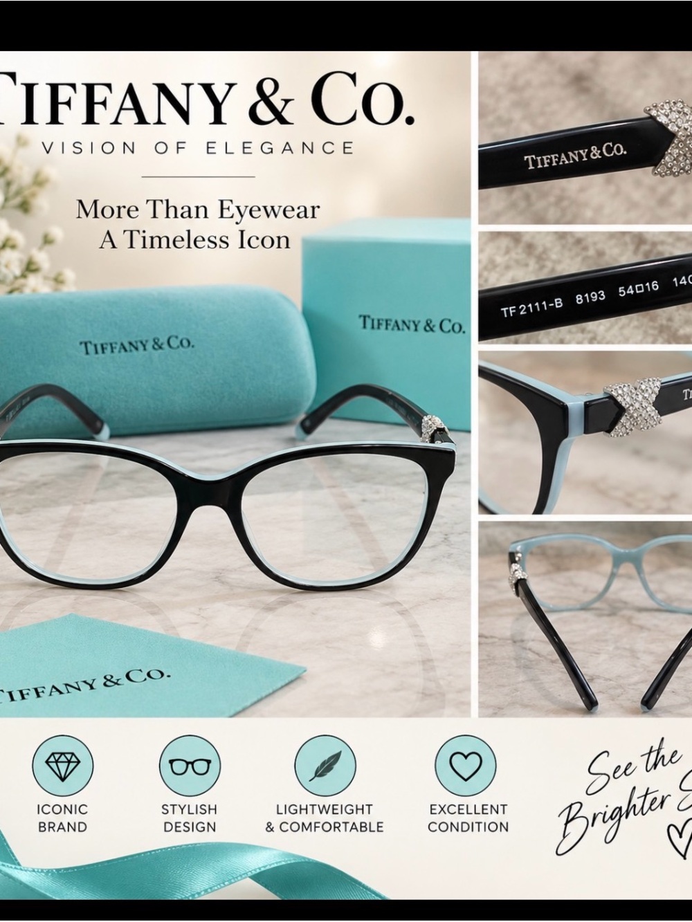 Tiffany & Co. Black and Light Blue Cat-Eye Glasses with Crystal Accent